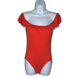 Vince Camuto Ruffle Shoulder One Piece Swimsuit Koi Soft Orange– Size 8 New